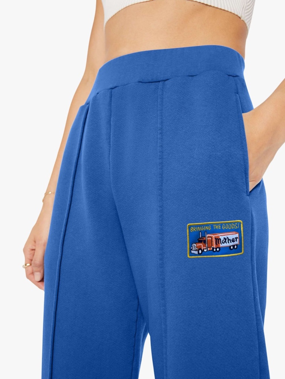 MOTHER Royal Blue Track Pants with Embroidered Truck Patch